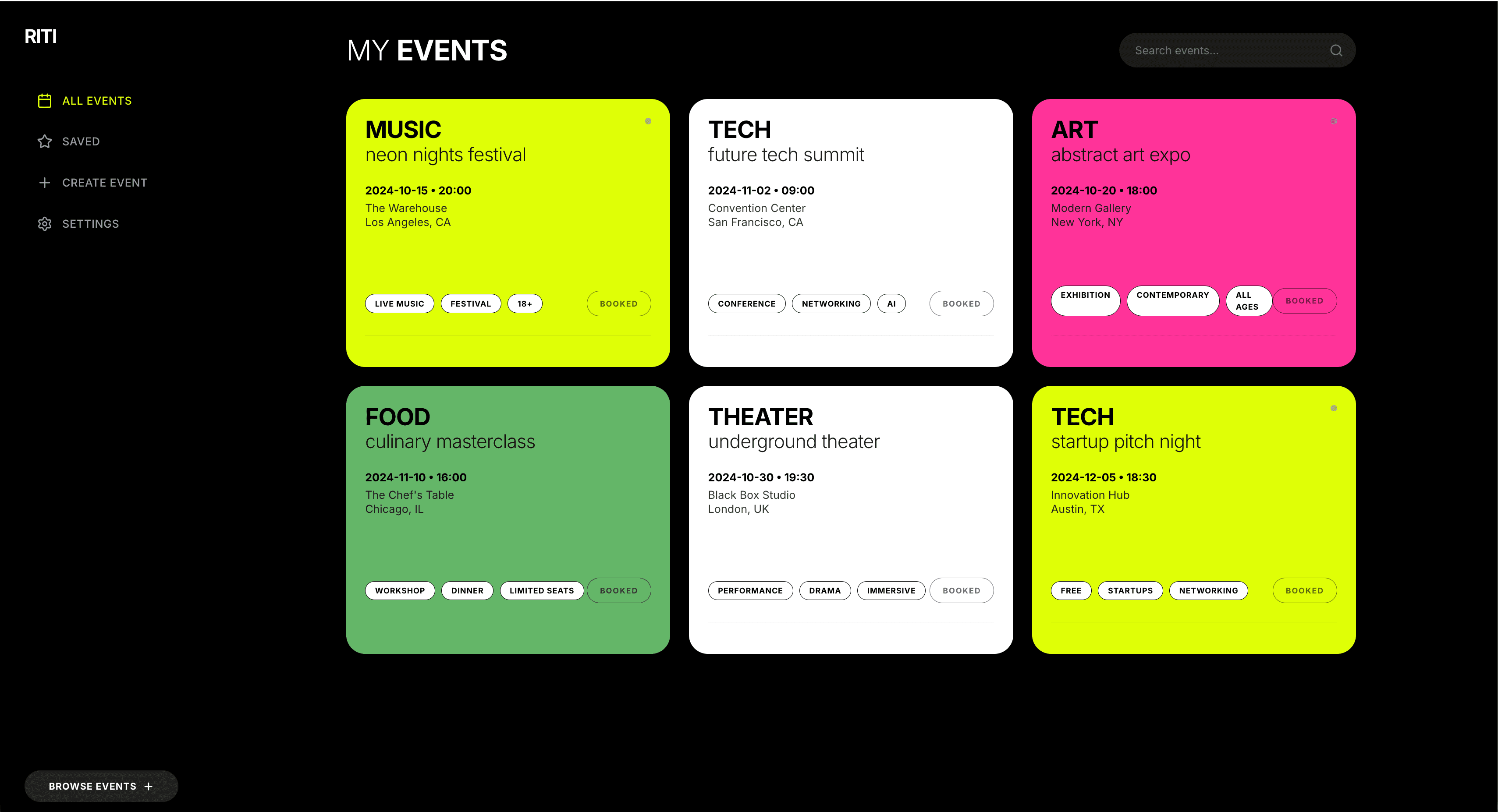 One dashboard for tickets bought, spaces booked, and events hosted, because most users end up doing all three.