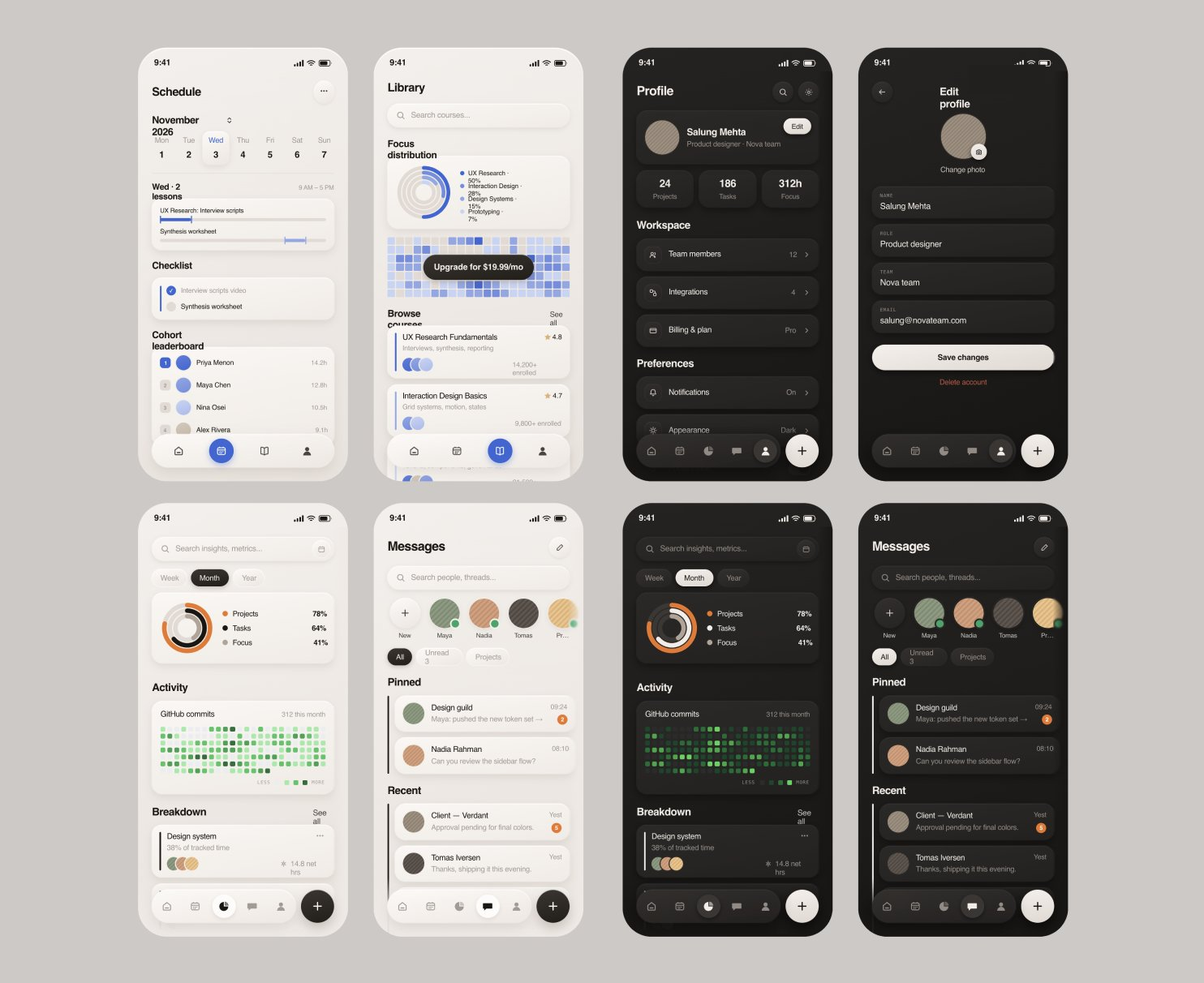 Real product screens we've shipped: schedule, library, profile, and messaging views in both light and dark mode