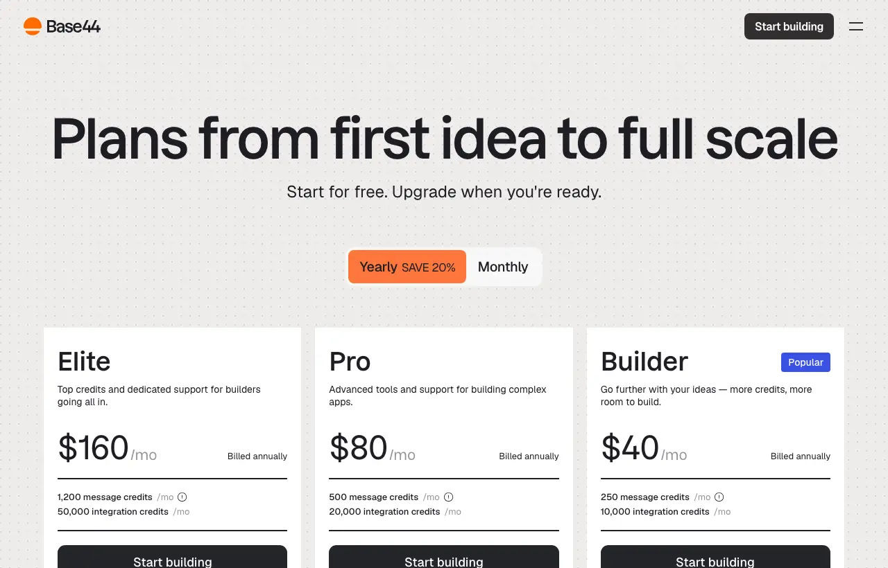 Base44 pricing page with yearly billing: Elite $160 per month, Pro $80 per month, Builder $40 per month, all billed annually