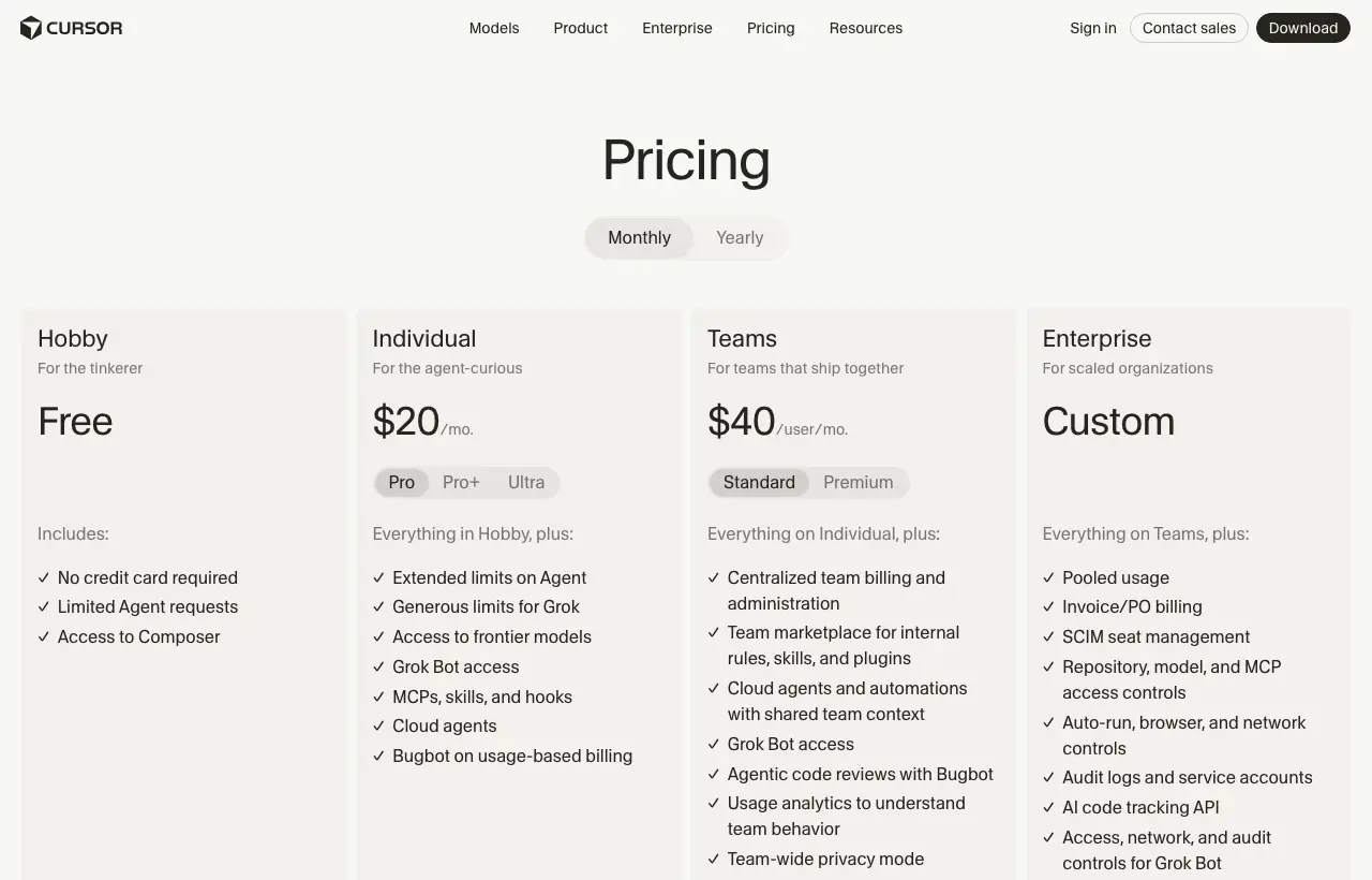 Cursor pricing page: Hobby free, Individual $20 per month, Teams $40 per user per month