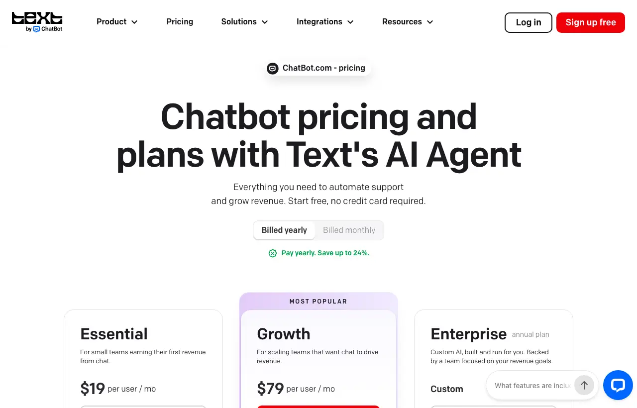 ChatBot.com (Text by ChatBot) pricing page billed yearly: Essential $19 per user per month, Growth $79 per user per month, Enterprise custom