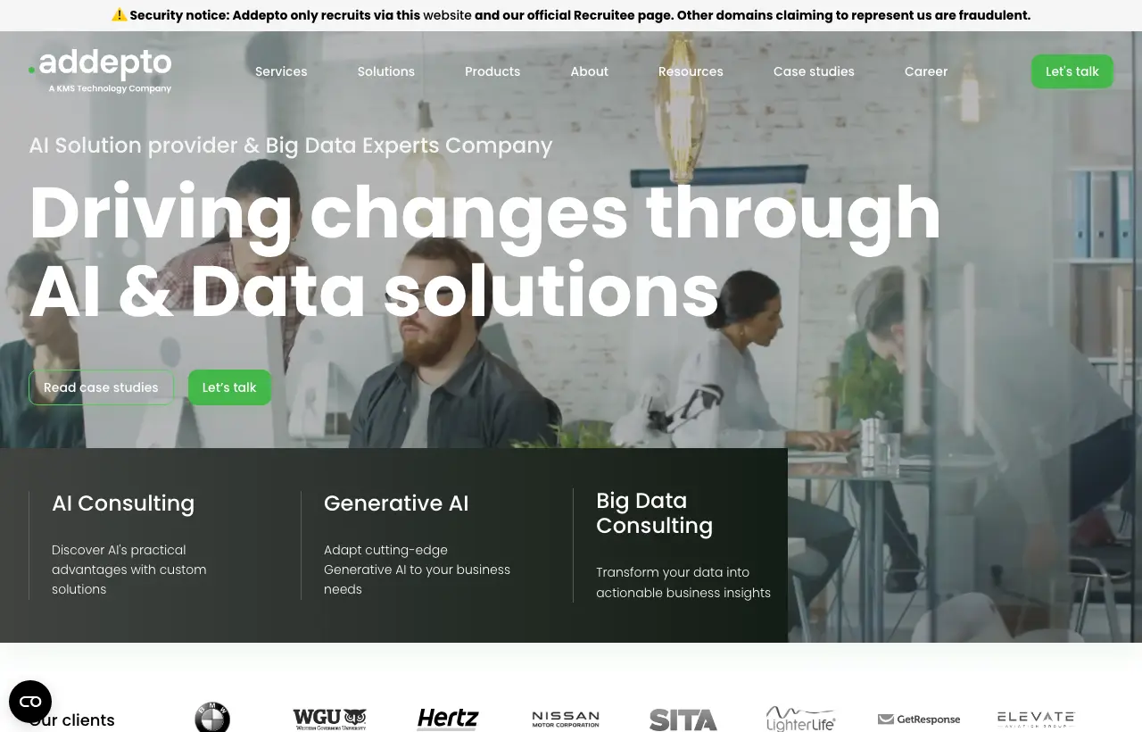 Addepto homepage: AI solution provider and big data experts, driving changes through AI and data solutions