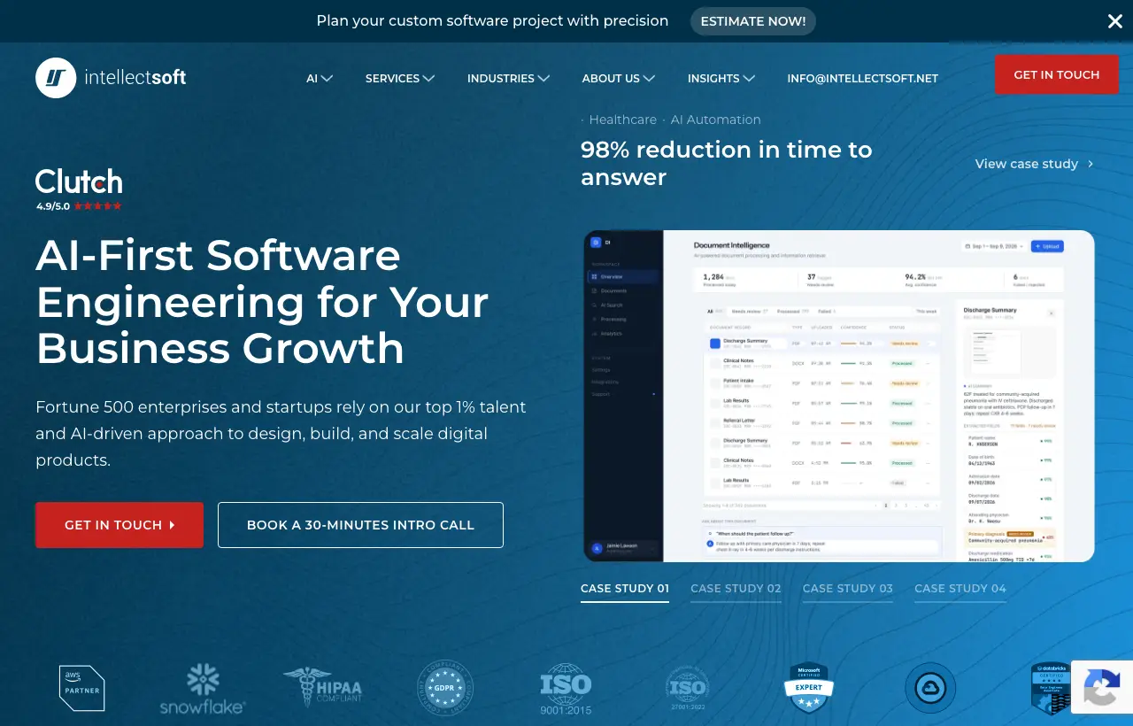 Intellectsoft homepage: AI-first software engineering for business growth, with HIPAA and ISO badges
