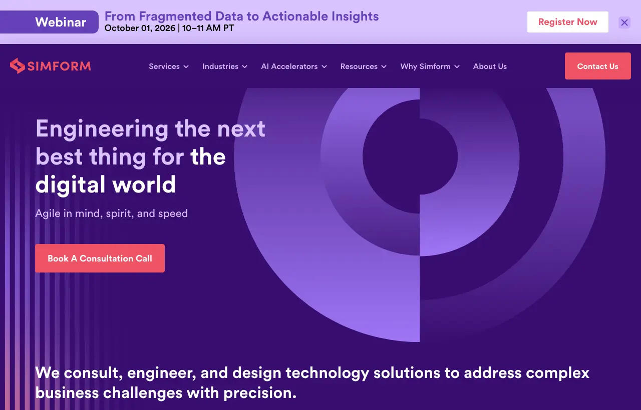 Simform homepage: engineering the next best thing for the digital world