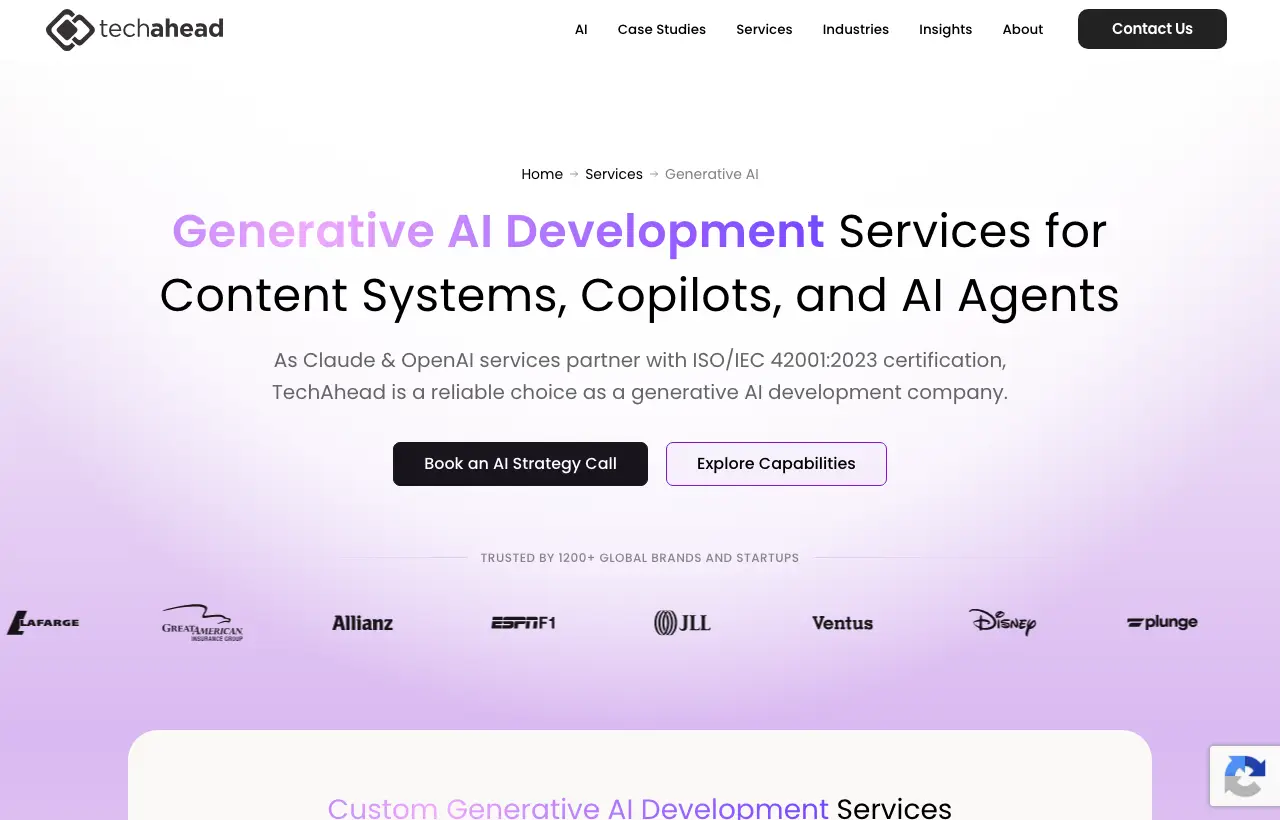 TechAhead generative AI development page: services for content systems, copilots, and AI agents