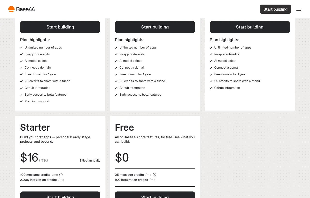 Base44 pricing page with yearly billing: Starter $16 per month with 100 message credits, Free $0 with 25 message credits