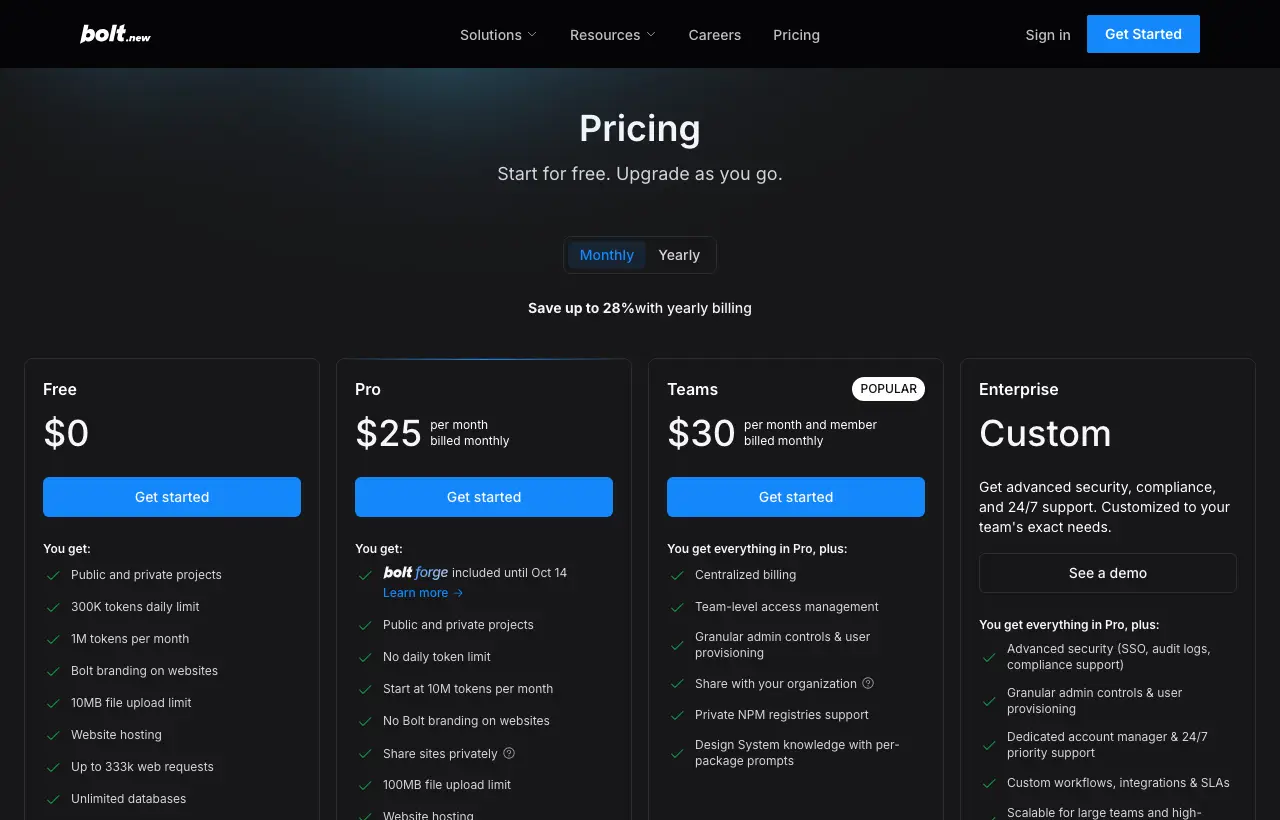 Bolt.new pricing page: Free $0, Pro $25 per month, Teams $30 per month per member, Enterprise custom