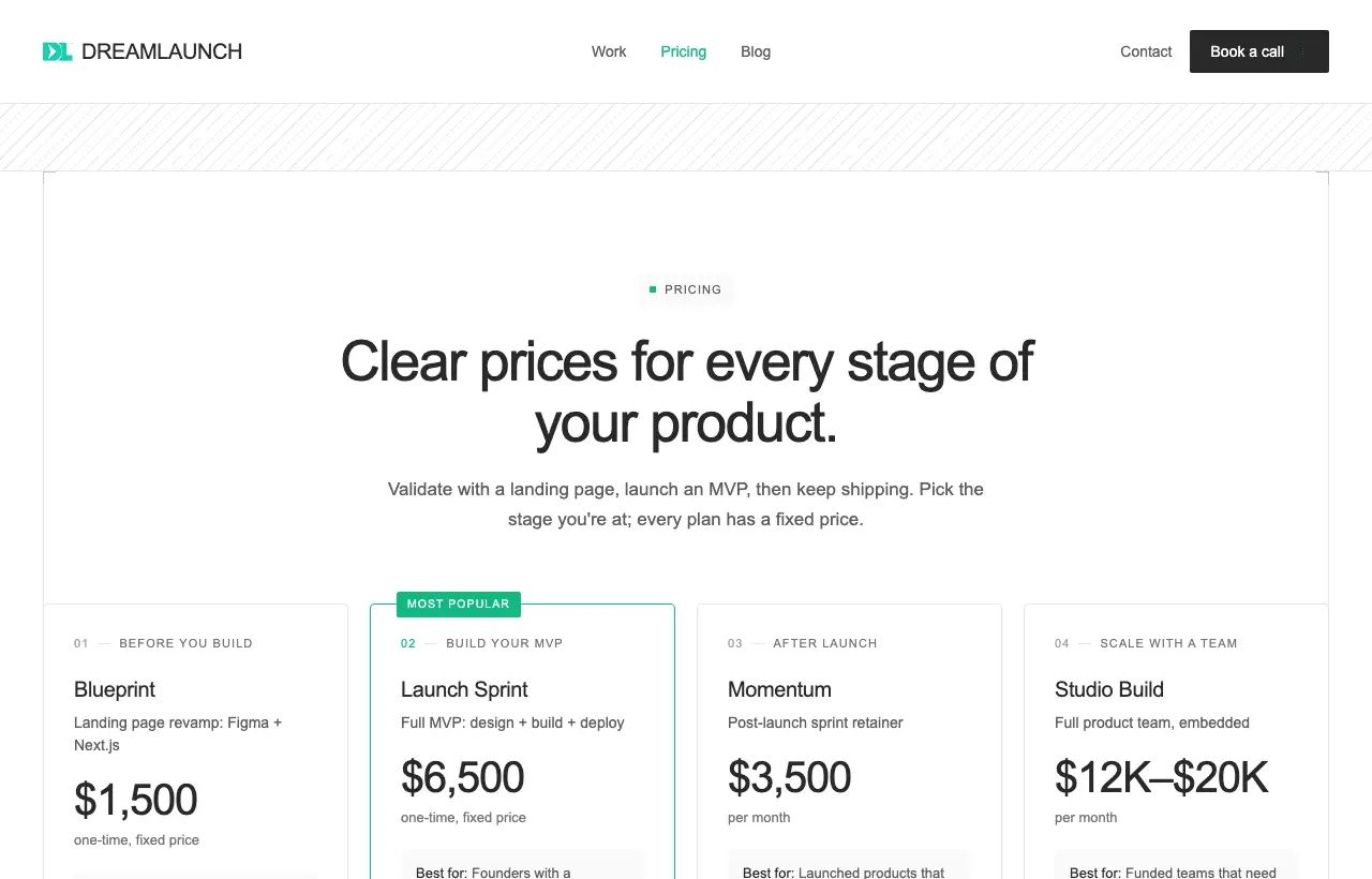 DreamLaunch pricing page: Blueprint $1,500 one-time, Launch Sprint $6,500 one-time, Momentum $3,500 per month, Studio Build $12K to $20K per month