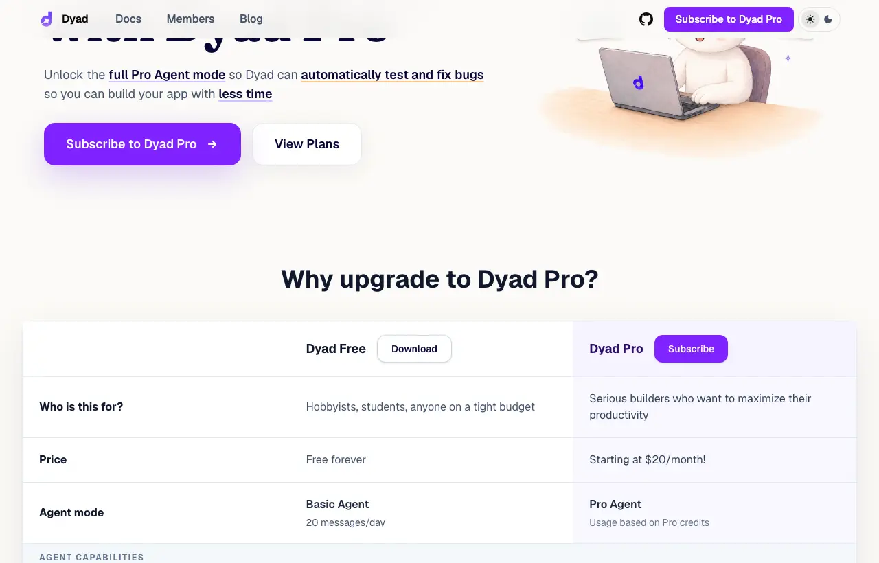 Dyad pricing comparison: Dyad Free, free forever with Basic Agent at 20 messages per day; Dyad Pro starting at $20 per month