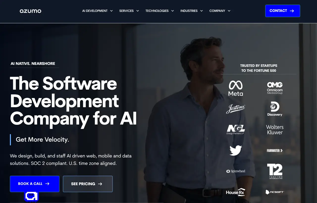 Azumo homepage: AI native, nearshore. The software development company for AI. SOC 2 compliant, U.S. time zone aligned