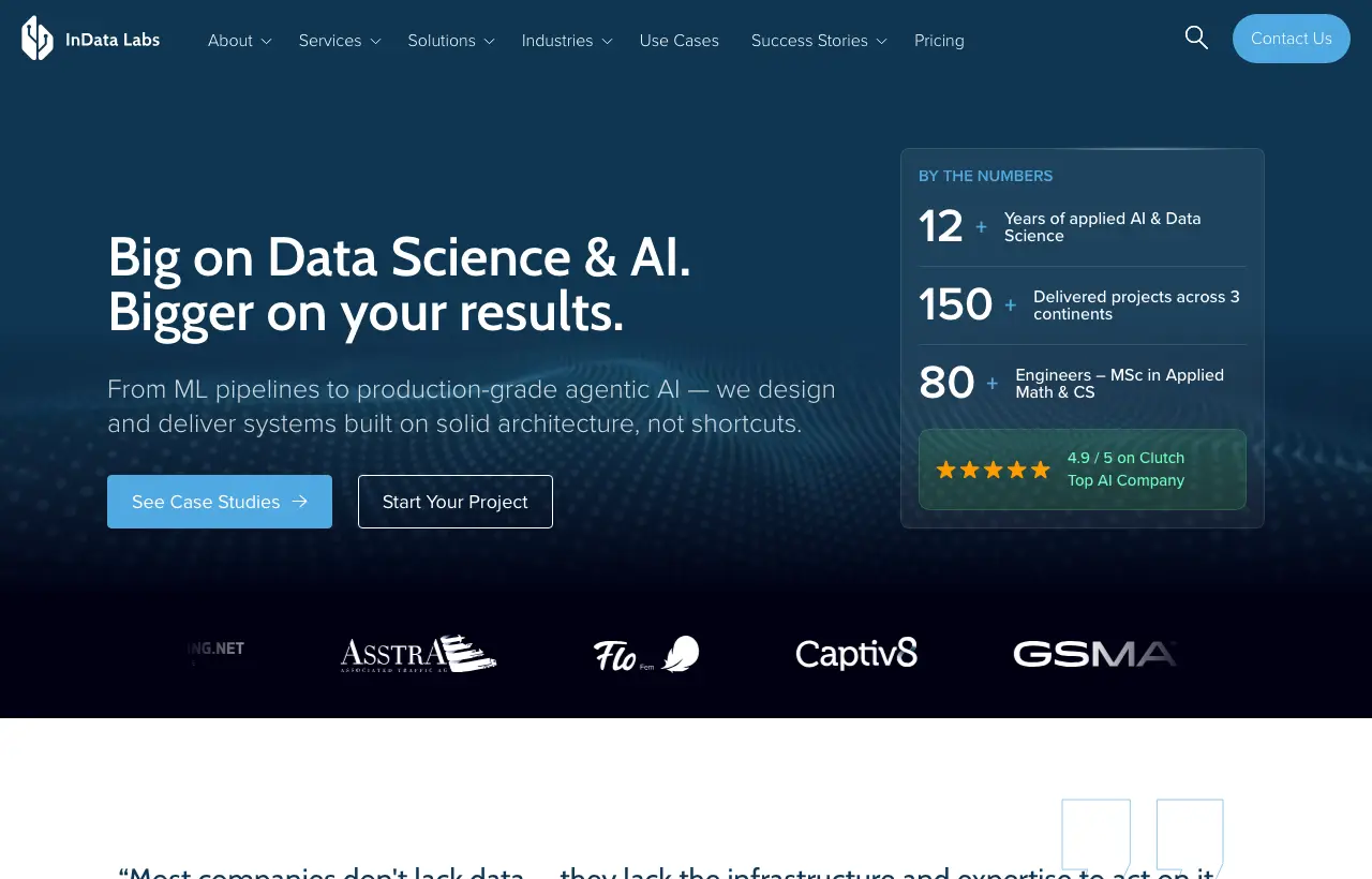 InData Labs homepage: 12+ years of applied AI and data science, 150+ delivered projects, 80+ engineers