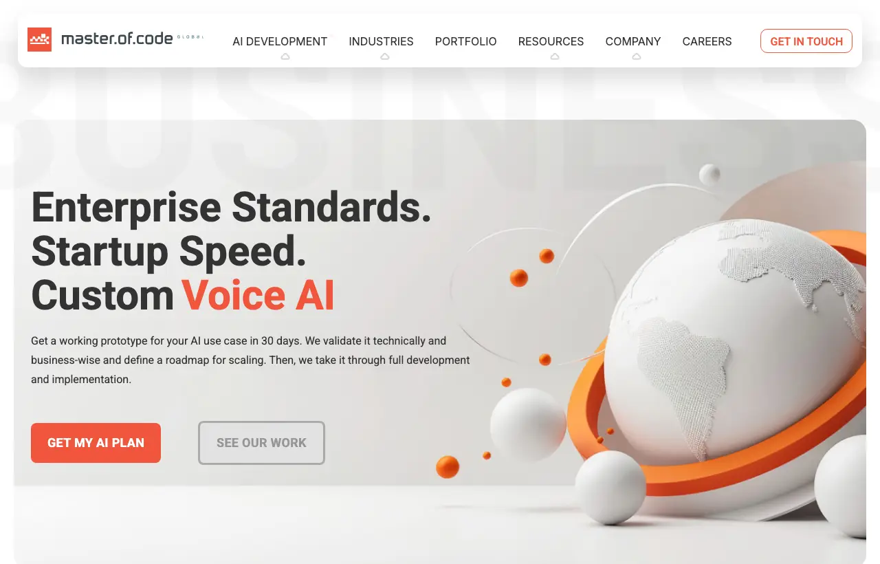 Master of Code homepage: Enterprise standards, startup speed, custom voice AI, working prototype for your AI use case in 30 days
