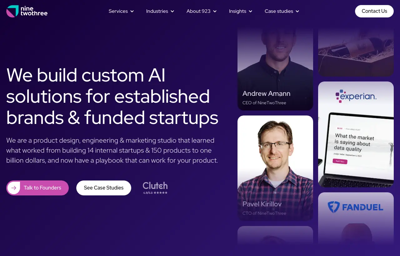 NineTwoThree homepage: We build custom AI solutions for established brands and funded startups