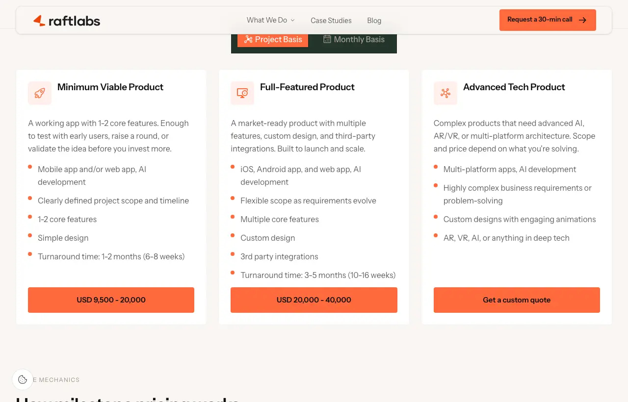 RaftLabs pricing page: Minimum Viable Product USD 9,500 to 20,000, Full-Featured Product USD 20,000 to 40,000, Advanced Tech Product custom quote