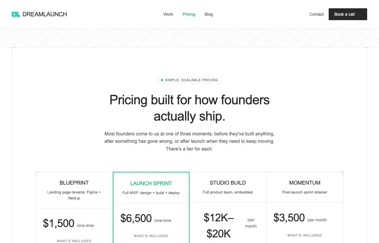 DreamLaunch pricing page: Blueprint $1,500, Launch Sprint $6,500, Studio Build $12K to $20K per month, Momentum $3,500 per month