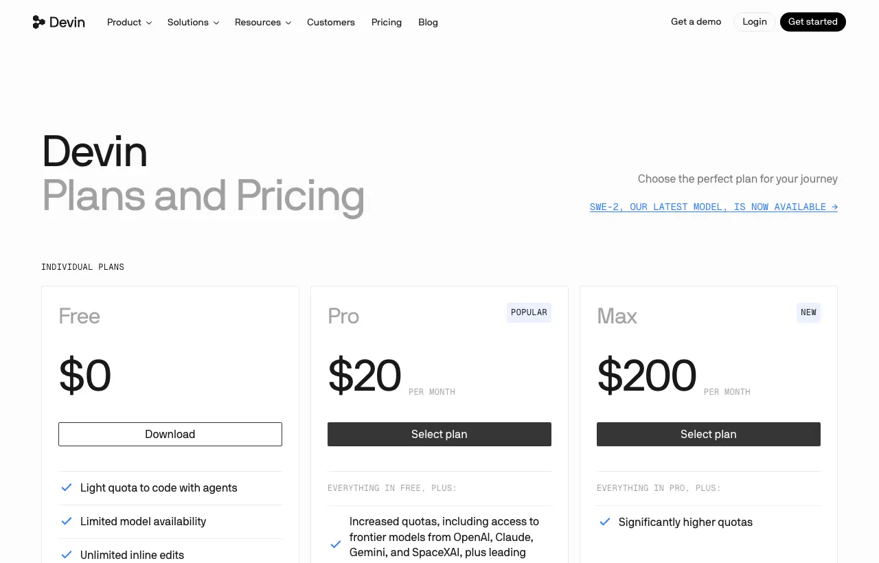Devin (formerly Windsurf) pricing page: Free $0, Pro $20 per month, Max $200 per month