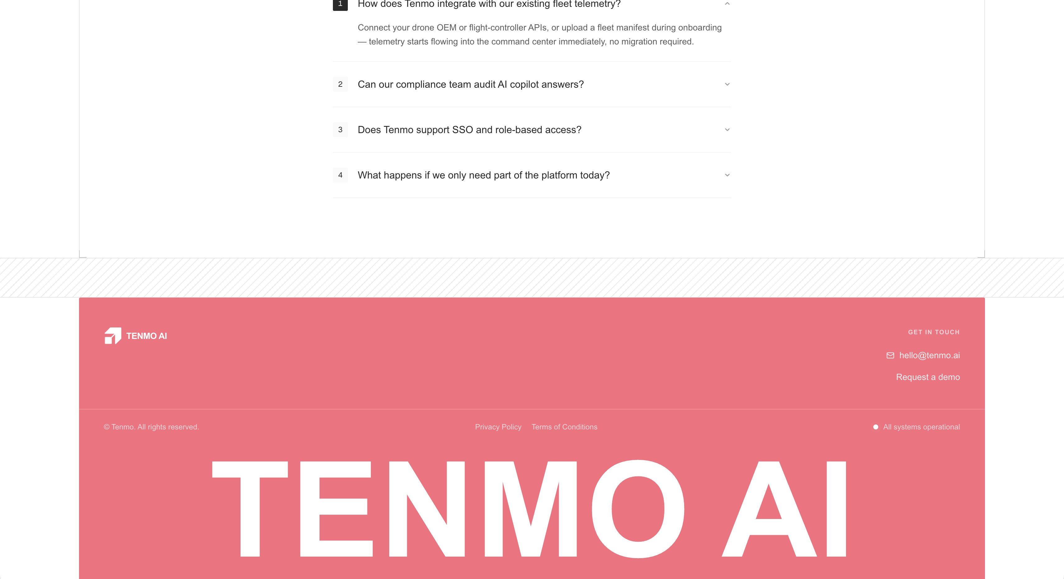 FAQ and footer — the kind of detail (SSO, audit access, telemetry integration questions) an enterprise ops buyer actually checks before a demo call.