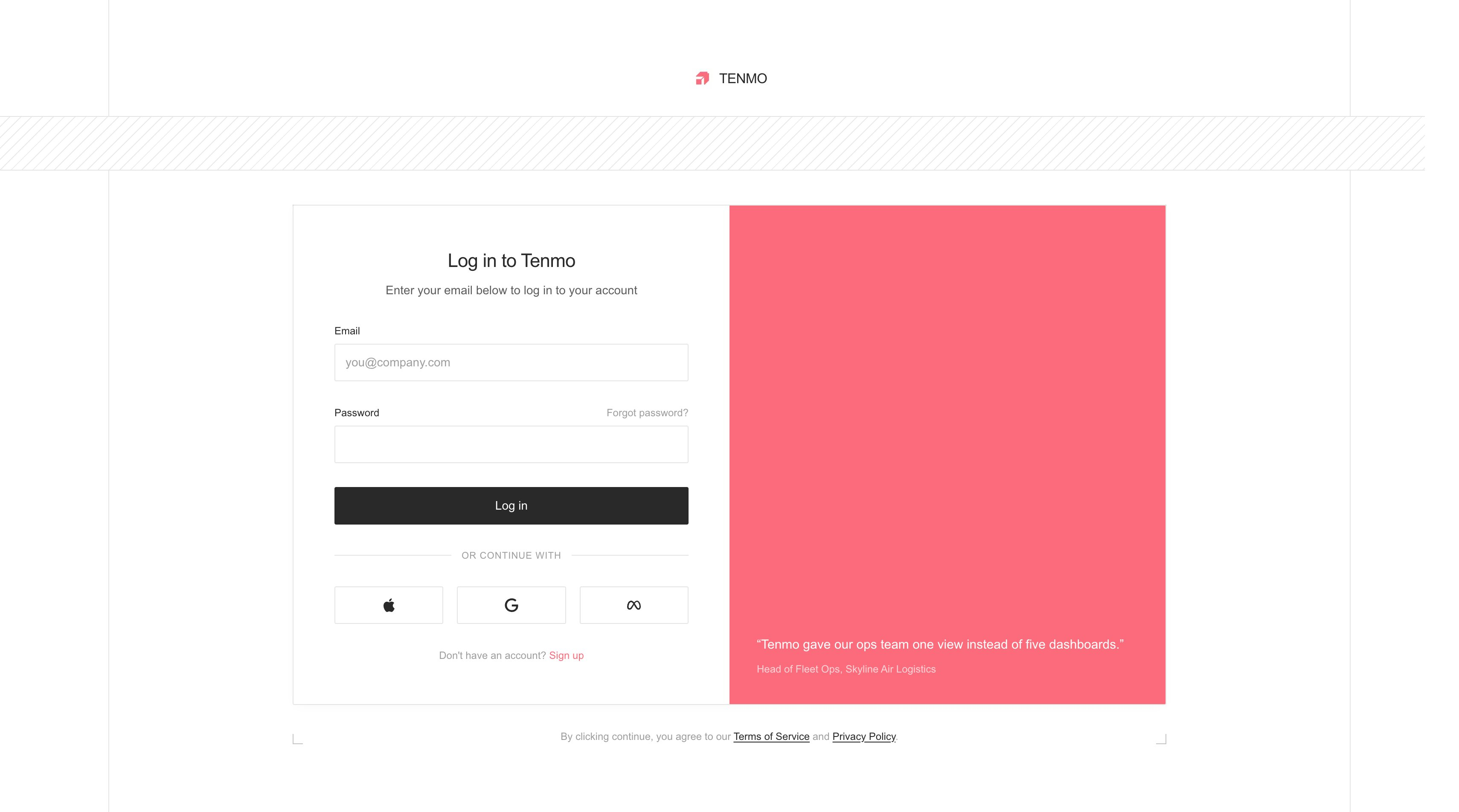 Auth and onboarding entry point, styled to match the rest of the brand system rather than default template chrome.